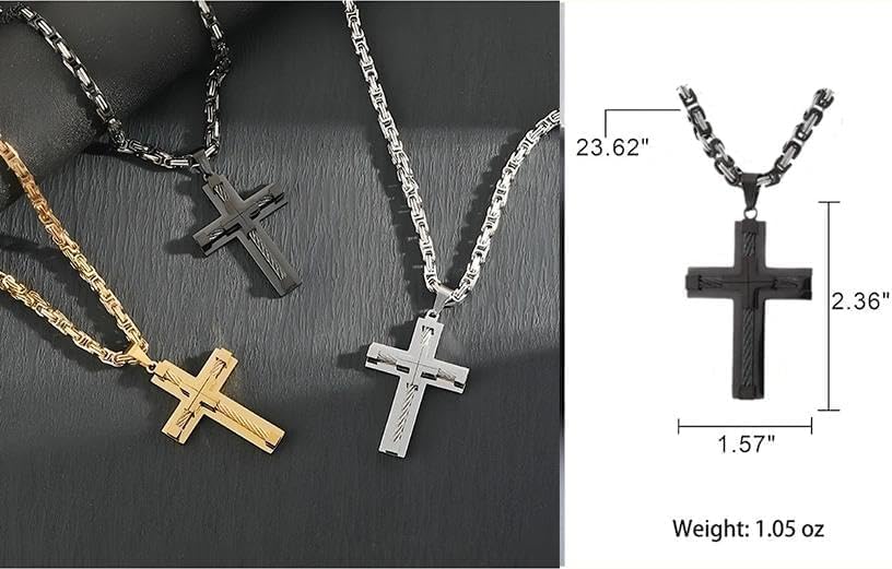 Seamido Black Gold Silver Stainless Steel Cross Necklace For Men, Byzantine Chain Necklace with Chunky Cross Pendant, Crucifix Catholic Christian Jewelry for Men - Image 7