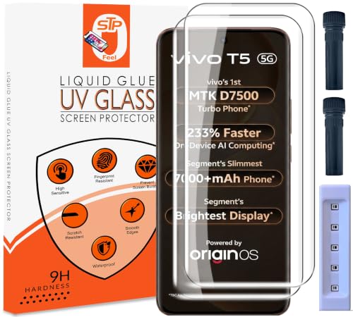 Image of STP FEEL Advanced UV Tempered Glass Screen Protector Guard Compatible For Vivo T5 5G (6.83 Inch, Pack of 2) Full Adhesive UV Curved Case Friendly HD Clarity with easy installation kit for Smartphone
