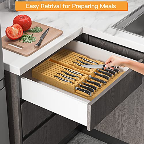 Furninxs Bamboo Knife Block In-Drawer Holds 16 Knives, Kitchen Knife Organizer Holder With Slot For Knife Sharpener, Large Handle Steak Knife Storage Insert Without Knives For Home & Chef #TOP3