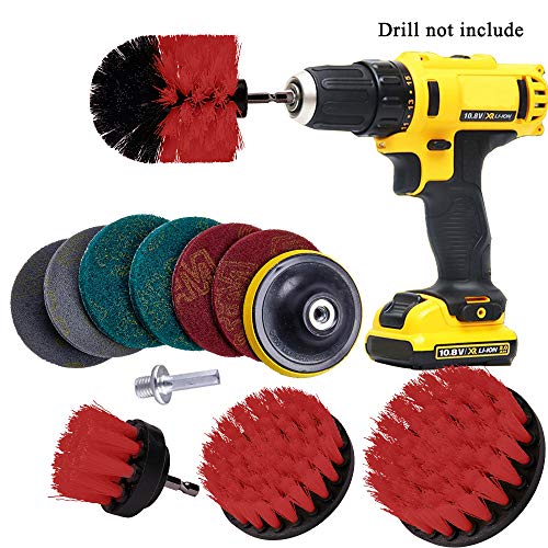 11 Piece Drill Brush Attachments Set, Power Drill Scrub Brush Attachments, Drill Scrub Pads For Grout, Tiles, Sinks, Bathtub, Bathroom, Shower & Kitchen Surface Red