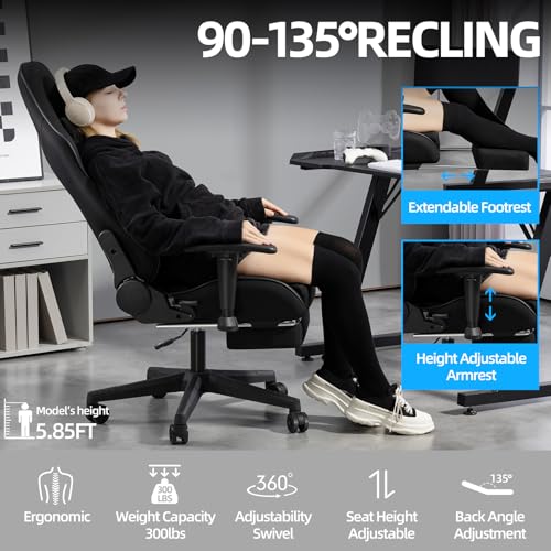 Mondschein Gaming Chair with Pocket Spring, Fabric Massage Office Chair High Back Ergonomic Reclining Desk Racing Game PC Computer Chair with Footrest, Adjustable Armrest Headrest (Black) 606 の商品画像 3