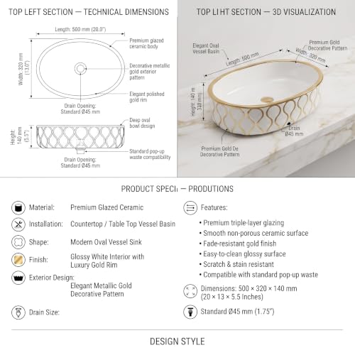 Image of Backline 20x13x5.5 Inches Table Top Wash basin | Basin for Bathroom | Countertop Bathroom Basin For Restaurant /Dining Hall /Living Room /Home (Gold White)(5 Years Glaze Warranty)