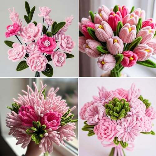 Image of Caydo 200 Pieces Pink Pipe Cleaners for Flowers | Thick Fluffy Craft Chenille Stems for Arts Crafts Projects Making and Creative Home Decorations