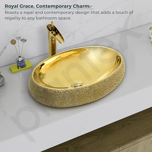 Image of Plantex Table Top Wash Basin For Bathroom /Designer Ceramic Basin /Countertop Vessel Sink Basin - Indo-European Collection (Gold - 23.6 x 16 x 6 Inch)