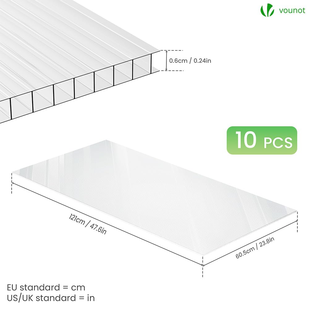 VOUNOT® 10 Placas de Policarbonato 6mm, 60,5x121cm, 7,3 m², Resistentes a Rayos UV y Golpes, Planchas Alveolares Transparente para Invernadero, Tejados, Jardín y Garajes
