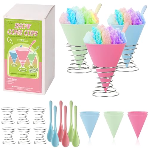 (6-pack) Calvana Reusable Plastic Snow Cone Cups Kit Includes Leakproof Cups & Spoon Straws with Metal Holders Compatible with Nostalgia & Cuisinart Snow Cone Machine 6oz
