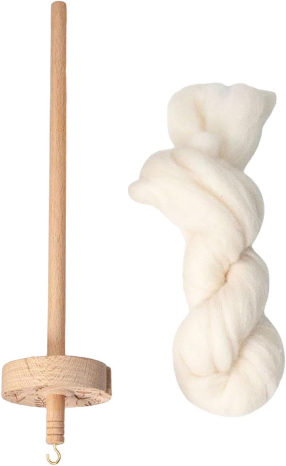Wood Drop Spindle Top Whorl Yarn Spinner with Wool Strips 12.80inch Crafting Supply for Woven DIY