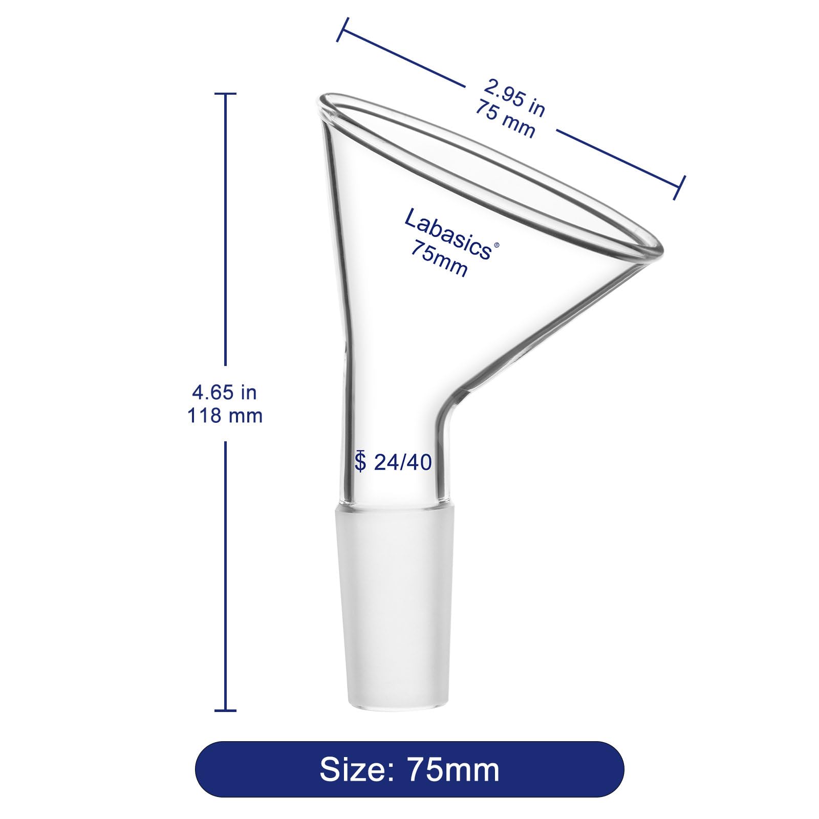 Labasics Schräger Glaspulvertrichter, Kurzer Stiel, Oberer Durchmesser mit 24/40-Innenanschluss, Chemikalienbeständiger Filtertrichter für den Laboreinsatz, 75 mm