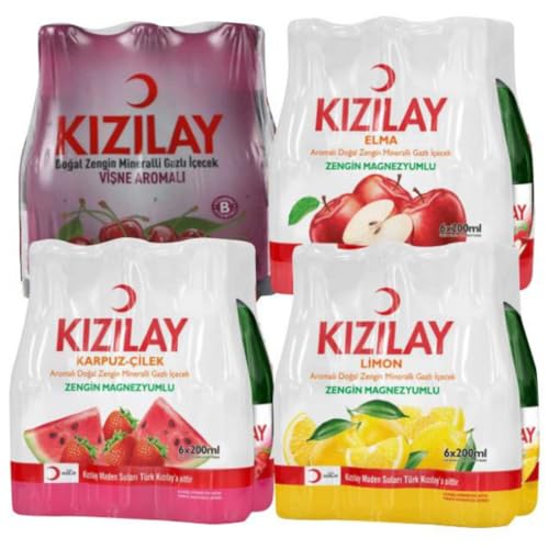 KIZILAY Agua mineral natural con sabor a frutas mixtas (cereza, manzana, sandía, limón), abundante agua mineral con bicarbonato y sodio 200 mililitros x 24 botellas