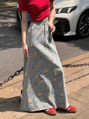 chouyatou Women's Vintage Floral Printed Denim Skirt High Waist Y2K A Line Flare Maxi Long Jean Skirt3