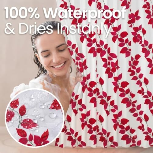 Image of Shower Curtain 7 Feet | Waterproof PVC Printed Bathroom Curtain with 8 Rings | Transparent Stone Print Bathtub Curtain | Extra Long Bathroom Liner, Waterproof & Easy to Clean (Red Leaf,Pack Of 1)