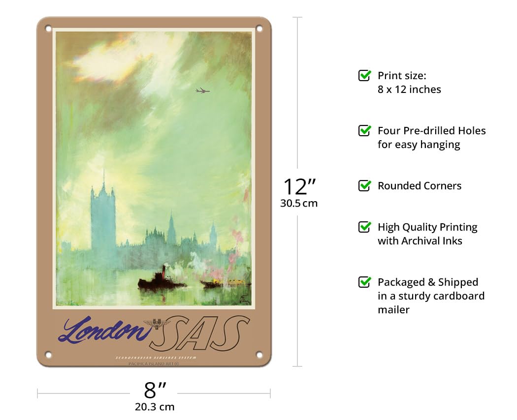 Pacifica Island Art Poster, Motiv London - River Thames - SAS Scandinavian Airline Airline Reiseplakat von Otto Nielsen c.1960er Jahre, Kunstdruck, Kunstdruck 8 x 12 in Tin Sign Mehrfarbig