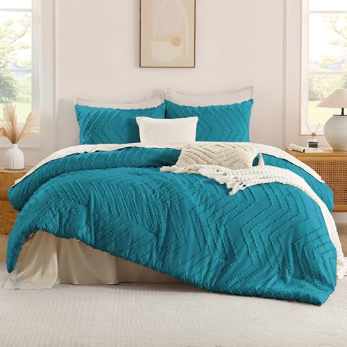 Image of Andency Turquoise Comforter Set Queen Size, Boho Soft Warm Tufted Bedding Comforter Sets for Queen Size Bed, 3 Pieces Aesthetic Chevron Farmhouse Cute Bohemian Textured Bed Set