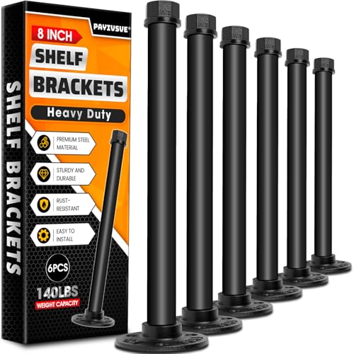 Industrial Pipe Shelf Brackets 8-Inch Black Floating Shelf Bracket Heavy Duty Decorative Rustic Shelving Hardware 6 Pack