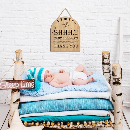 Image of Gwisml Baby Sleeping Sign for Front Door,Please Do Not Knock Or Ring Doorbell Wood Sign,No Soliciting Sleeping Baby Wood sign for House Nursery Door Knob Decor 1