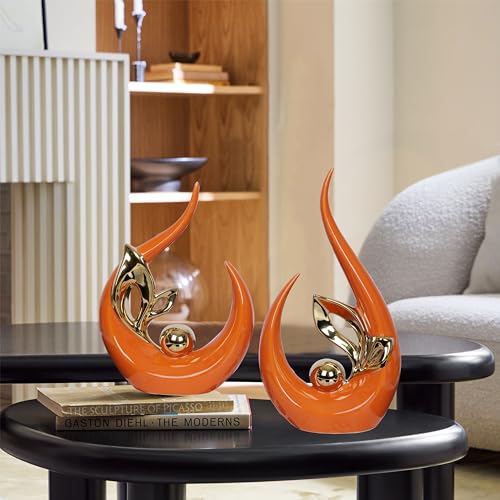 Estatuas Decorativas de Cerámica Naranja Juego 2 Pzas