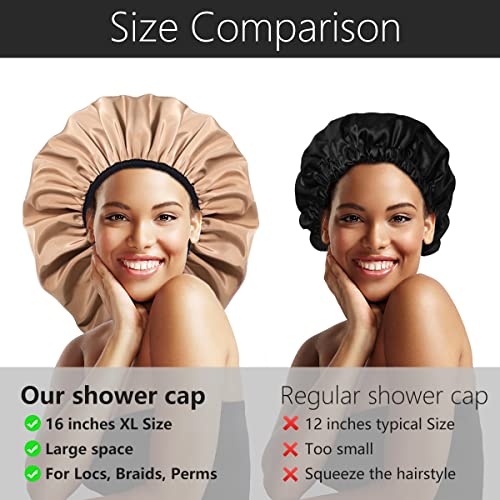 Auban Extra Large Shower Cap for Braids, Double-Layer Waterproof Reusable Satin Lining XL Shower Cap for Women Long Hair, Locs, perms (khaki)