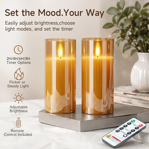 Image of Homemory Amber Glass Flameless Candles Battery Operated LED Pillar Candles with Remote and Timer, Real Wax Flickering Candles with 3D Wick, Decorative Candles Home, Wedding, Holiday Decor, Set of 2