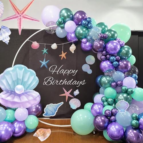 Image of Mermaid Balloon, 12 Inch Mermaid Theme Balloon, Metallic Purple Green Party Balloons, Teal Green Purple and White Balloons with Confetti for Mermaid Party Girls Birthday baby shower Decoration