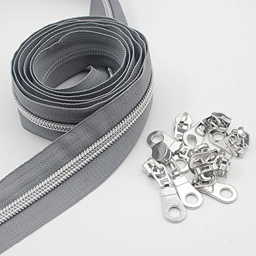 Image of Leekayer #5 Metallic Silver Nylon Coil Zippers by The Yard Bulk 10 Yards Grey Tape with 25pcs Silver Sliders for DIY Sewing Tailor Craft Bag(Grey)
