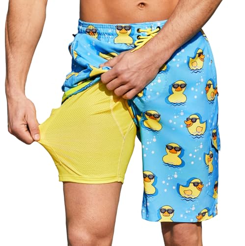Mens Swim Trunks with Compression Liner 9 Inch Swim Shorts Bathing Suits Quick Dry Hiking Cargo Shorts with Zipper Pocket