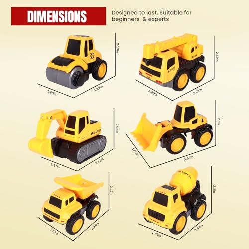 Image of PUREjoy Plastic Realistic Construction Vehicles, 6-Piece Mini Set with Pull-Back Action, Friction-Powered Trucks, Chunky Kid-Friendly Design, Yellow, Small