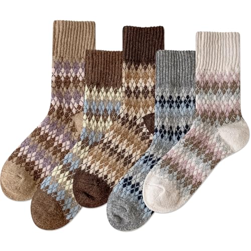 Image of IIG 5 Pairs Women's Vintage Style Thick Wool Warm Winter Crew Socks