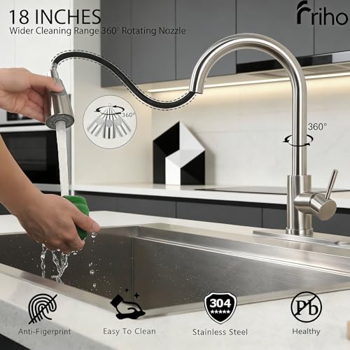 Friho Kitchen Faucet with Pull Down Sprayer Brushed Nickel, High Arc Single Handle Stainless Steel Kitchen Sink Faucets, 1 or 3 Hole Sink Faucet for Farmhouse Rv Bar Laundry Camper, FR2CBQYT001L-D - Thumbnail 2