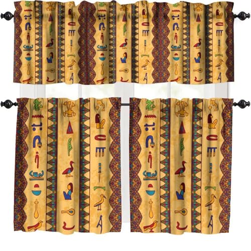 Ancient Egypt Kitchen Valances Curtain Egyptian Hieroglyphs Floral Geometric Window Treatment Valances Short Curtains Rod Pocket Drape for Dining Room Home Bedroom Decor,54x18 In + 27x36 In X 2