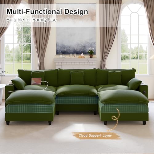 Image of KCGKCG 116 inch Modular Sectional Sofa, U Shaped Cloud Couch with Movable Ottoman, Chenille Deep Seat Cloud Sofa with Charging Station, Cup Holder, Side Pocket, Sectional Couches for Living Room, Green