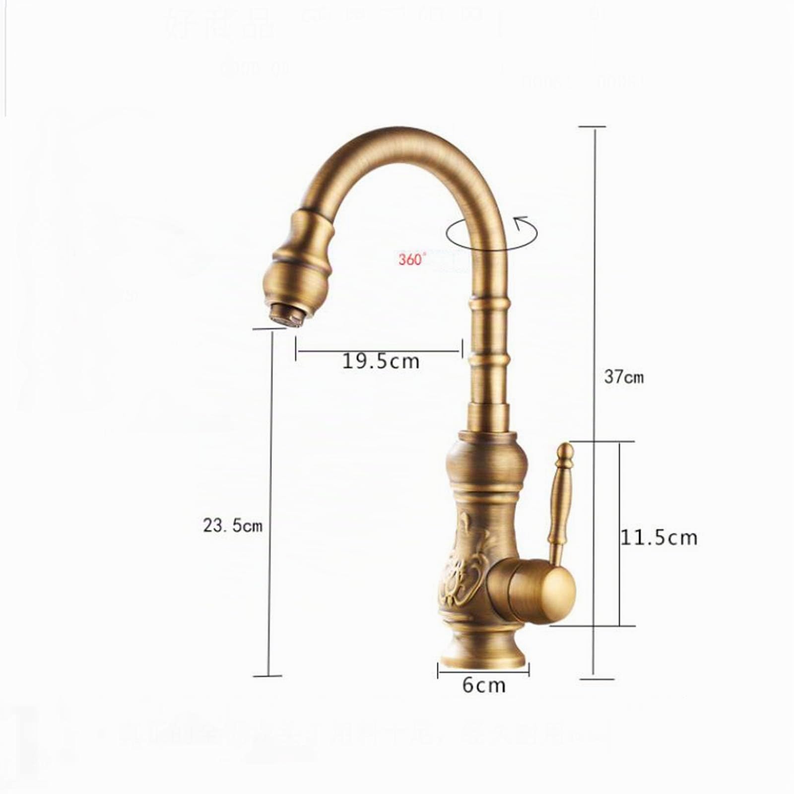 Grifo De Cocina, Grifo De Fregadero Giratorio a 360°, Caño Alto, Latón Monomando Mezclador De Fregadero, Para Agua Caliente Y Fría, Diseño Elegante, Estilo Antiguo, Bronce