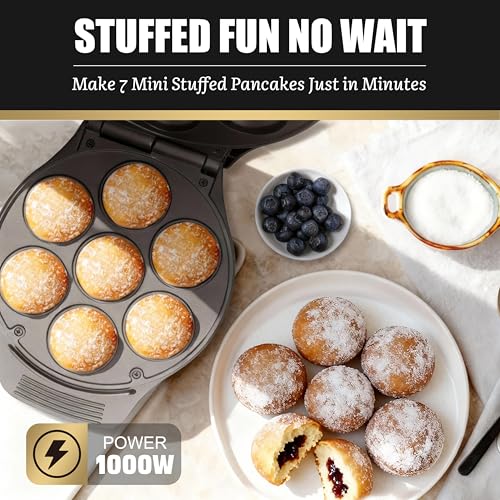 Image of FineMade Mini Stuffed Pancakes Maker, Electric Ebleskiver Poffertjes Maker Pan, Danish Pancakes Maker, Cake Pop Maker, Bake 7x 2'' Ebelskivers without any Flipping operation