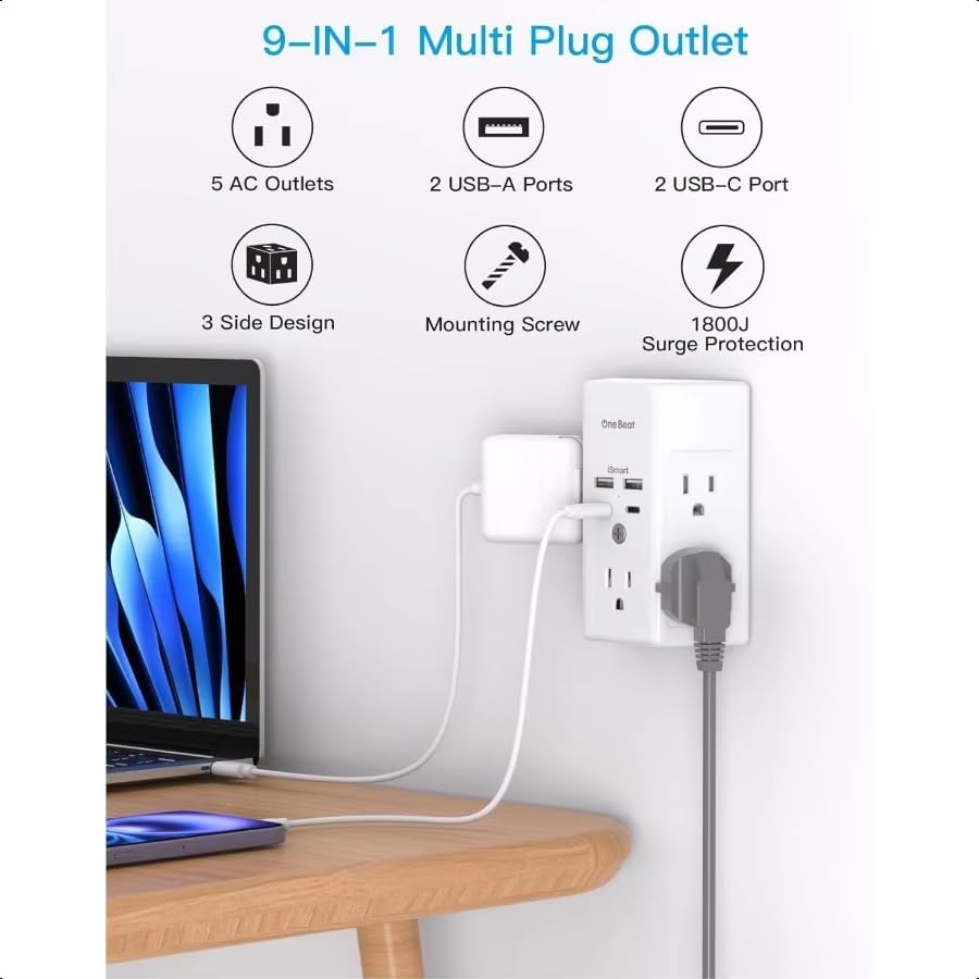 Miniatura 5 de Extensor de 5 tomas con 4 puertos de carga USB, protector de sobretensiones, adaptador de viaje con luz nocturna, paquete de 1