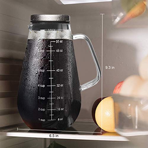 Cold Brew Coffee Maker Iced Tea Pitcher Infuser with Airtight Lid and Thick High Borosilicate Glass Carafe, 51oz/1.5L - Thumbnail 2