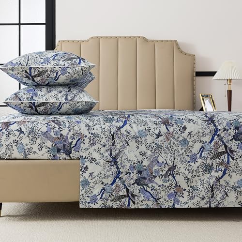Image of FADFAY Sheets Set Twin XL Botanical Bird Floral Bed Sheets Set Vintage Blue Farmhouse Bedding Shabby Branches Bedding Collections 100% Egyptian Cotton Breathable Soft Deep Pocket 4Pcs, Twin XL Size