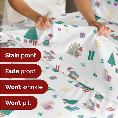 Twin Christmas Dinos Sheet Set - Holiday Xmas Pattern Bedding Set - Deep Pockets - Snug Fit - 3 Piece - Wrinkle Free & Easy Care - Comfy Festive Winter - Holiday Sheets for Women, Men, Kids & Teens
