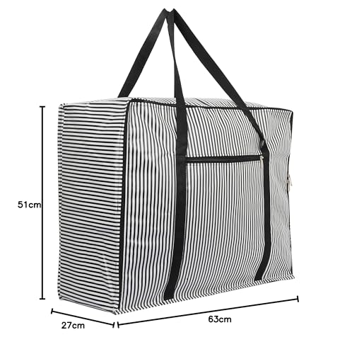 Image of Kuber Industries Lining Design Rexine Jumbo Underbed Moisture Proof Storage Bags for Clothes with Zipper Closure and Handle (Black)