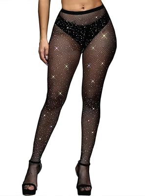 mistrend Women's (Girls) Sparkle Rhinestone Fishnets, Sexy Sparkly Glitter Party Concert Outfit Fishnet Stockings (Black