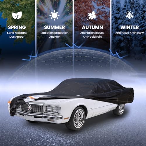 Image of Multi-Layer Car Cover Custom Fit for Buick Riviera (1966-2000), 100% Waterproof All Weather for Automobiles, Gift with Towel, Heavy Duty Car Covers for Rain Sun UV Protection with Door Zipper.