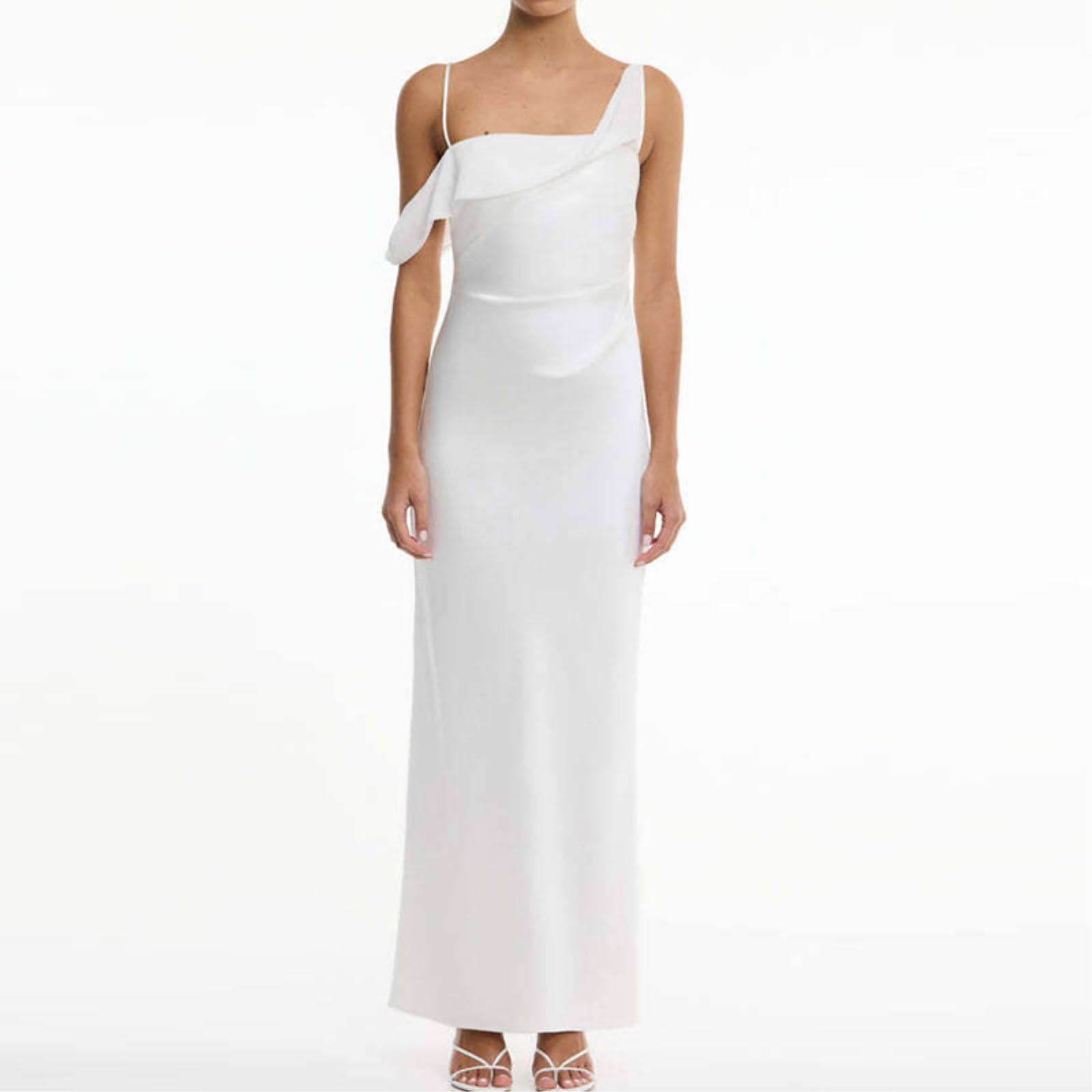Abito Donna Una Spalla Raso Maxi Asimmetrico Drappato da Sera, Mucca Cinturina Asimmetrica Abito-05 Blue-s