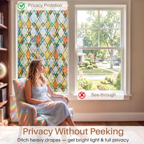 Image of Window Privacy Film, Stained Glass Static Cling Rainbow Stickers 29.5 inch x 78.7 inchDecorative Lattice Window Film Removable with Tools, UV Block Heat Control 3D Vinyl Covering Non-Adhesive for Home Door