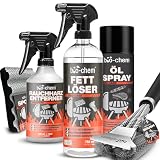 bio-chem Grillreiniger Set Premium 5-teilig – Grill Reinigungsset für Gasgrill, Backofen & Edelstahl – Fettlöser, Rauchharz Entferner, Öl Spray, Bürste & Schwamm – Grill wie neu ohne Schrubben