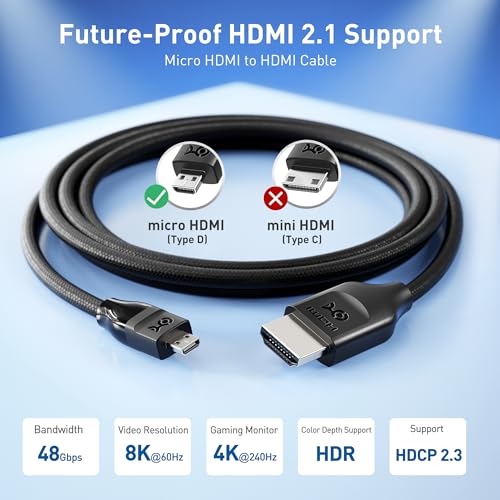 Cable Matters Kabel micro HDMI do HDMI 2.1 48 Gb/s 8K – 2 m, obsługuje 8K przy 60 Hz / 4K przy 240 Hz z HDR, kabel MicroHDMI współpracuje z aparatem cyfrowym, GoPro, Raspberry Pi 5 / Pi 4, tabletem i