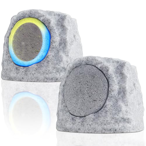 uuffoo 2-Pack Solar Powered Rock Speakers Outdoor Water-Resistant IP44 Rock Speaker with Lights RGB...