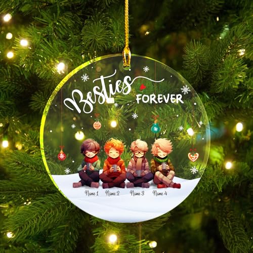 Besties is Forever Clear Plastic Ornaments, Christmas Decorations Personalized Name Four Boys Wear Sweater Scarft with Chocolate Cup Acrylic Ornaments, Gifts for Brother Friends Besties Siblings