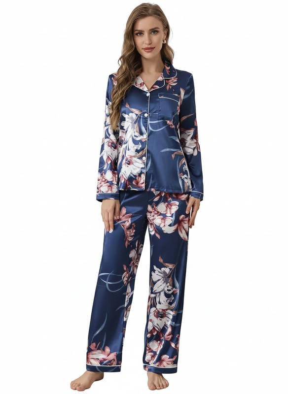Image of Night Suit for Women with Full Sleeve Button-Down Top with Pant Dress for Woman, Night Dress for Woman, Cotton Two-Piece Loungewear Set