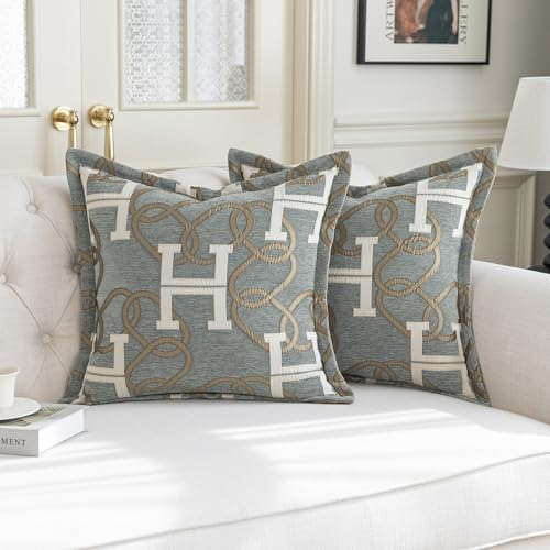 TOPWEAVE Modern Letter H Throw Pillow Covers 20x20 Inches 1-Piece Chain Pattern Jacquard Decorative Pillow Cover Luxury Chic Decor Soft Chenille Pillowcase for Couch Sofa Living Room Chair(Gray)
