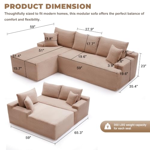 Image of Mangodan Cloud Sectional Couch, Boneless Sofa for Living Room, Modular Sectional Sofa with Deep Seat, Fluffy Comfy Couch with L-Shaped Chaise, No Assembly Required, Camel