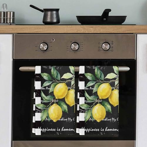 Image of Kitchen Towels Yellow Lemon Dish Cloths Black White Buffalo Check Plaid Dish Towel Cleaning Cloth Ultra Soft Absorbent Quick Drying 3 Pack Hand Towels for Kitchen, Bathroom