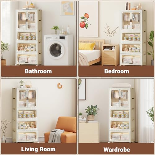 Kleiderschrank Kunststoff Faltbarer 70x41,5x191,4cm, Klappkommode mit Magnetischen Türen & Rollen, 1 Aufhängen & 3 Lagerbereich, Stabil Mehrzweckschrank für Kinderkleidung Aufbewahrung von Spielzeug